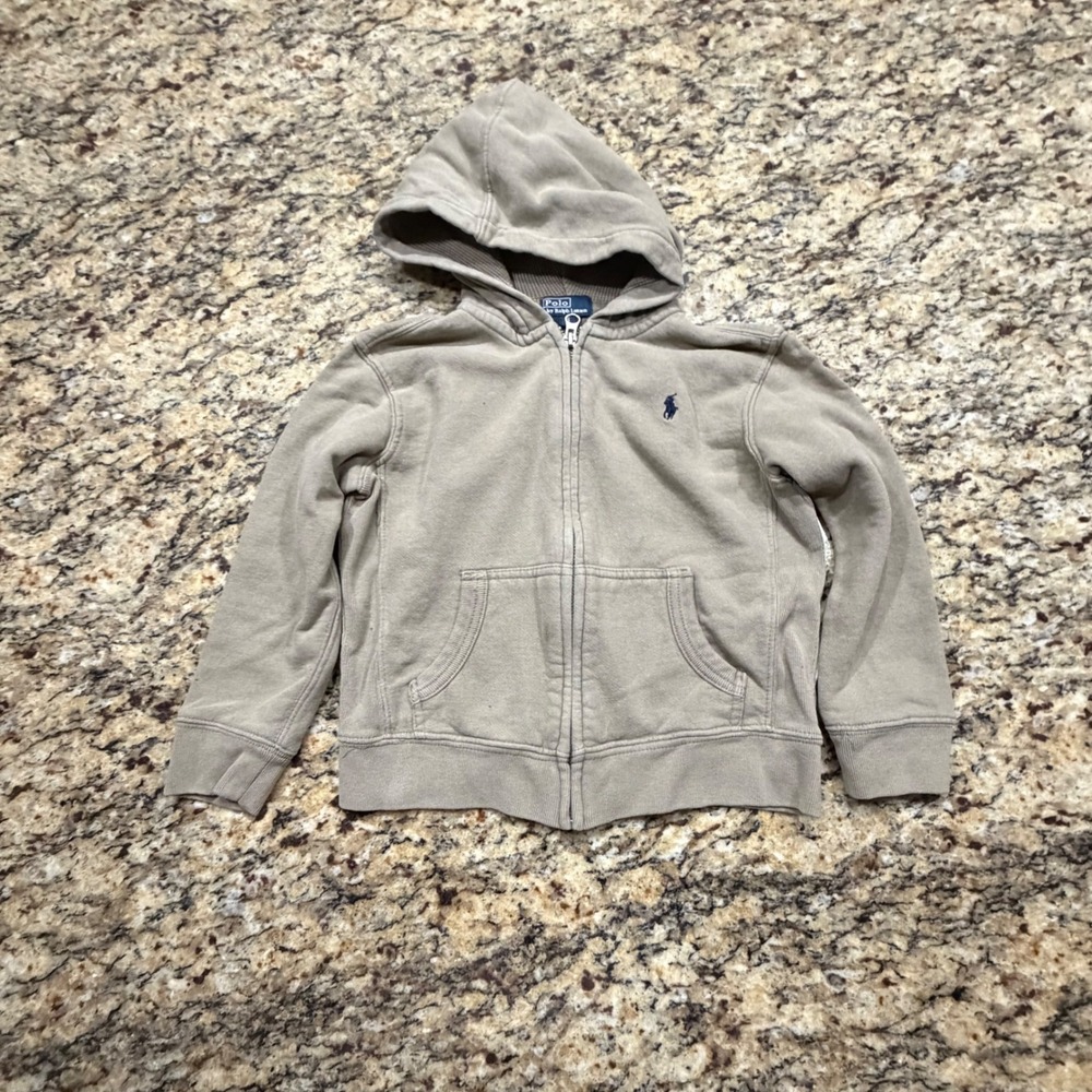 Polo Ralph Lauren Boy Tan Khaki Full Zip Hoodie Sweatshirt Size 5 Pony Logo ws